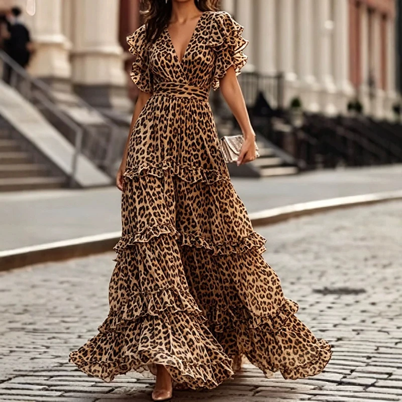 Lässige, einfarbige, schlichte Party-Maxikleider, modisches Abendkleid mit V-Ausschnitt und Rüschen, elegantes Damenkleid mit kurzen Ärmeln und hoher Taille aus Chiffon