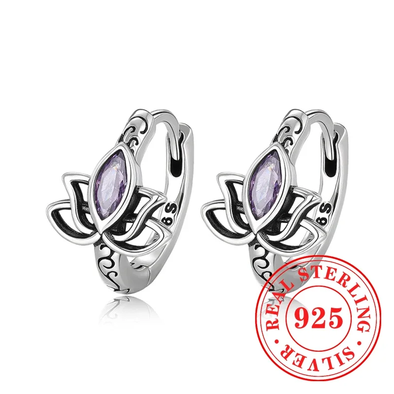 Huitan Magic Lotus Flower Designed 925 Sterling Silver Hoop Earrings Vintage Style Party Jewelry Purple CZ Accessories for Women