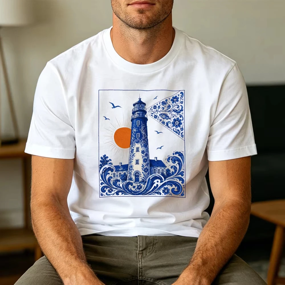 Delft Blue Lighthouse Ocean Wave Floral Graphic T Shirt Short Sleeve Top Coastal Beach Lover Nautical Gift Short Sleeve Top