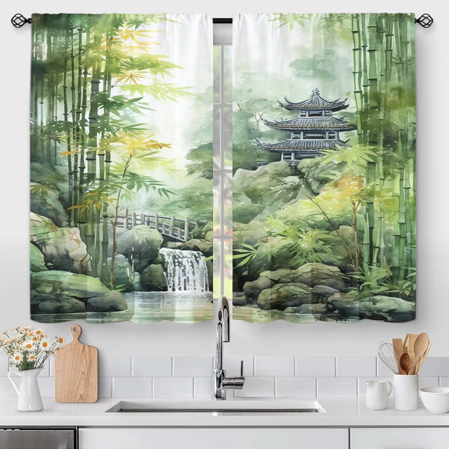 2PCS Digital Print Curtain, Watercolor Bamboo Forest Mountain Landscape, Oriental Zen Style for Living Room Bedroom Decor