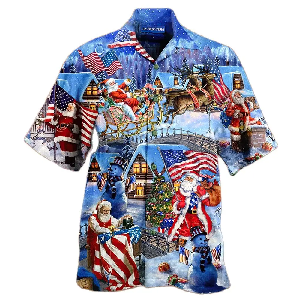 2024 New Arrival Men\'s Shirts Men Hawaiian Camicias Casual One Button Christmas Skull Printed Short-sleeve Blouses Tops