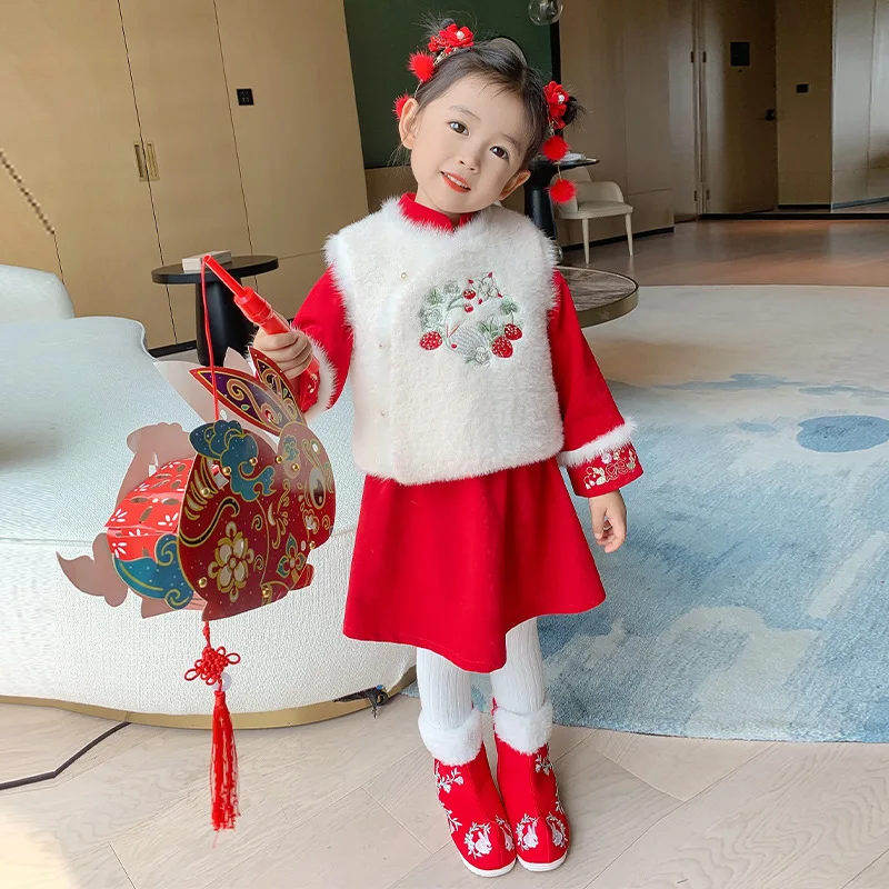 Kids Winter New Year Outfits Cotton Children Round Collar Dragon Embroidery Tang Suit Girls Chinese Lovely Thick And Quilted