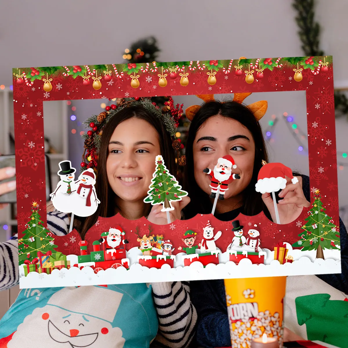 1pcs 2024 Merry Christmas Paper Photo Frame Fun Photo Booth Props Family Party Dinner Xmas Decorations Happy New Year Gifts