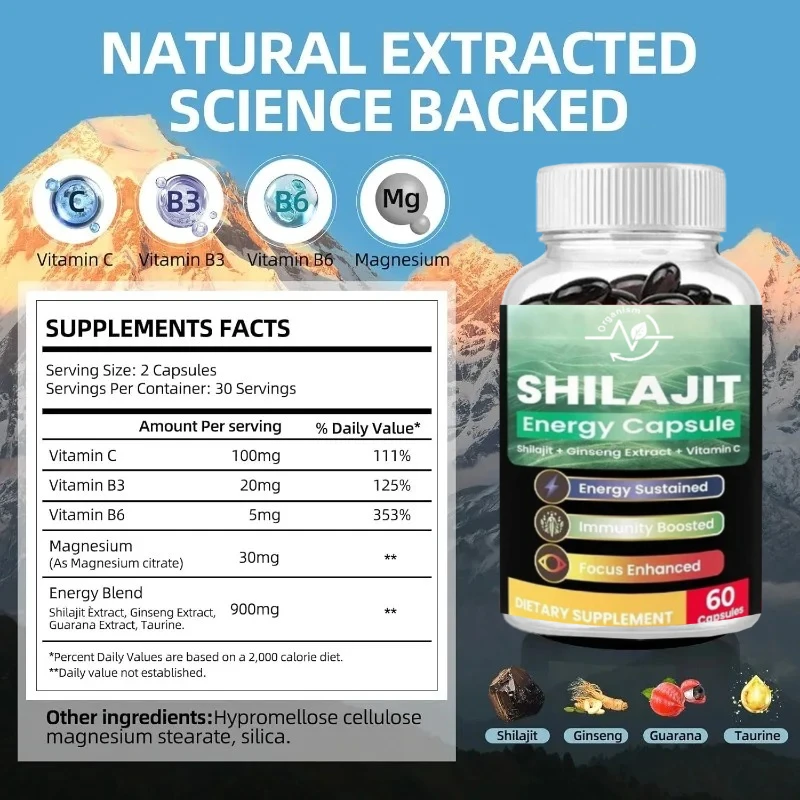 تحتوي كبسولات Shilajit على حمض رطبة طبيعي و85+ معادن، توورين، فيتامينات - الطاقة، المناعة، ودعم الصحة في الطاقة