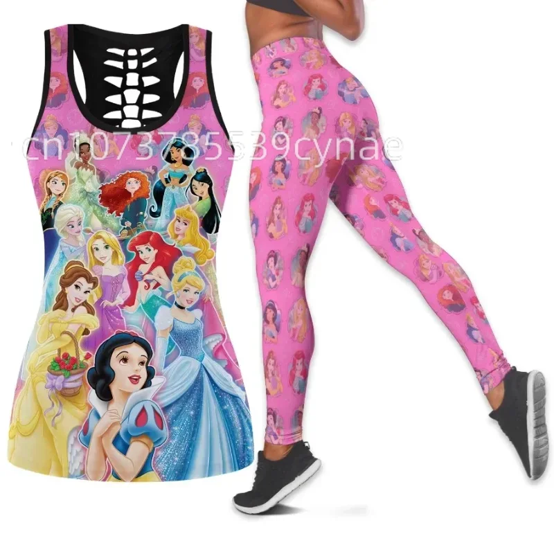 2024 Disney Princess Women\'s Hollow Vest + Women\'s Leggings Yoga Suit Fitness Leggings Sports Suit Tank Top Legging Set Outfit