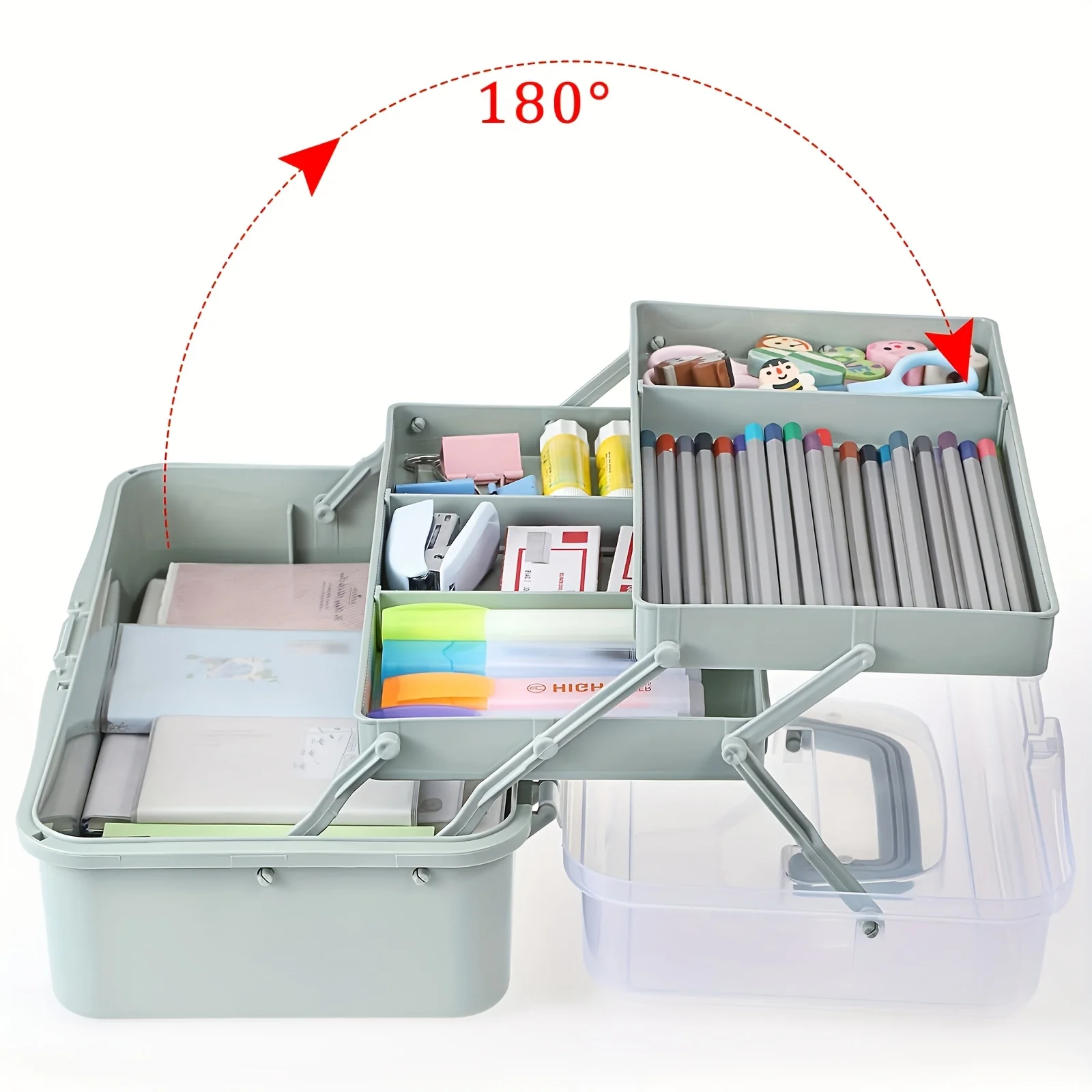 3-lagige Kunststoff-Trenn-Aufbewahrungsbox, Bastel-Organizer und Aufbewahrung mit verstellbaren Abstandshaltern, tragbarer Kunstbedarf-Organizer mit Griff – Detail 3