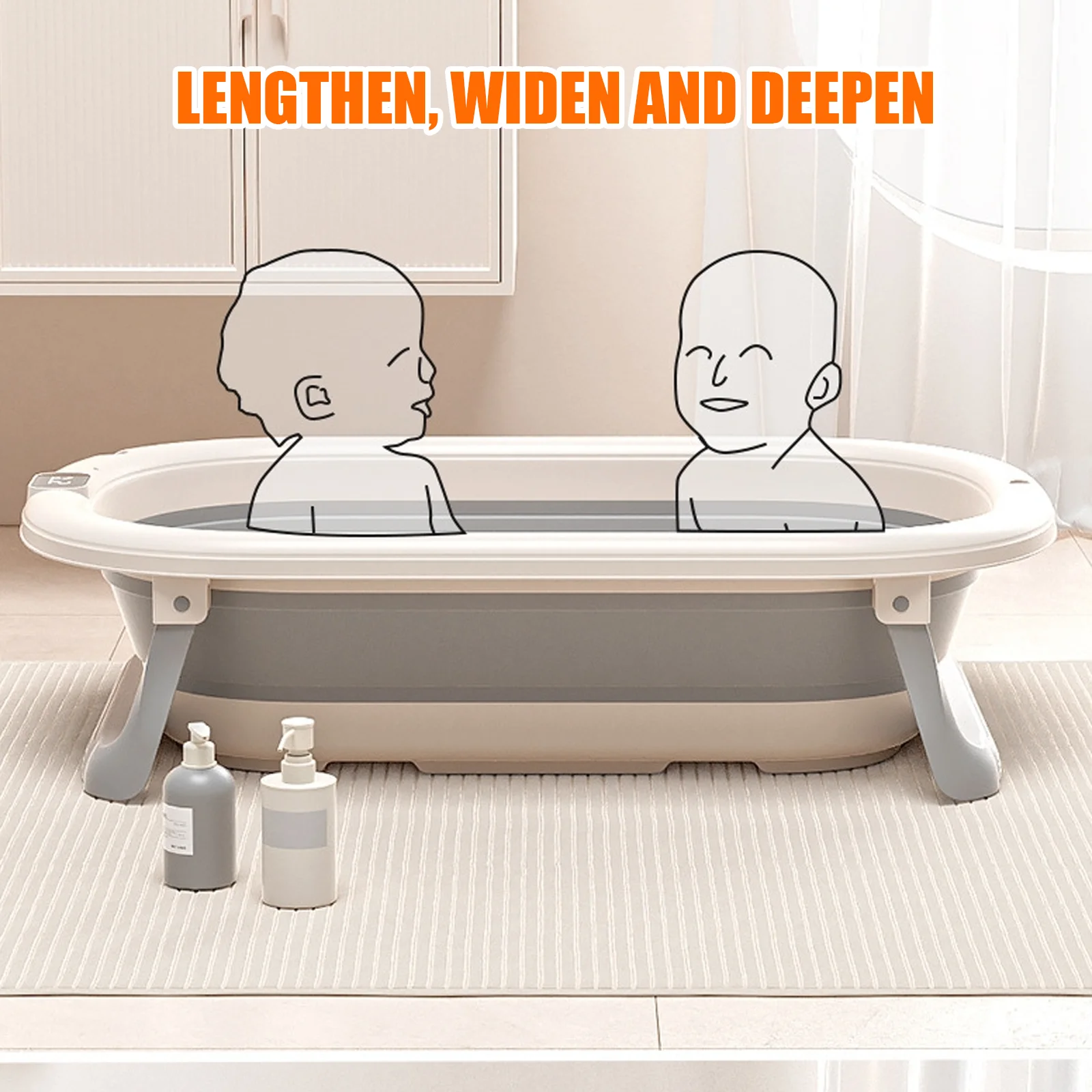 Zusammenklappbare Babybadewanne mit Badematte, Duschkopfanschluss und integriertem Thermometer – tragbar für Babys ab 0–36 Monaten – Detail 1