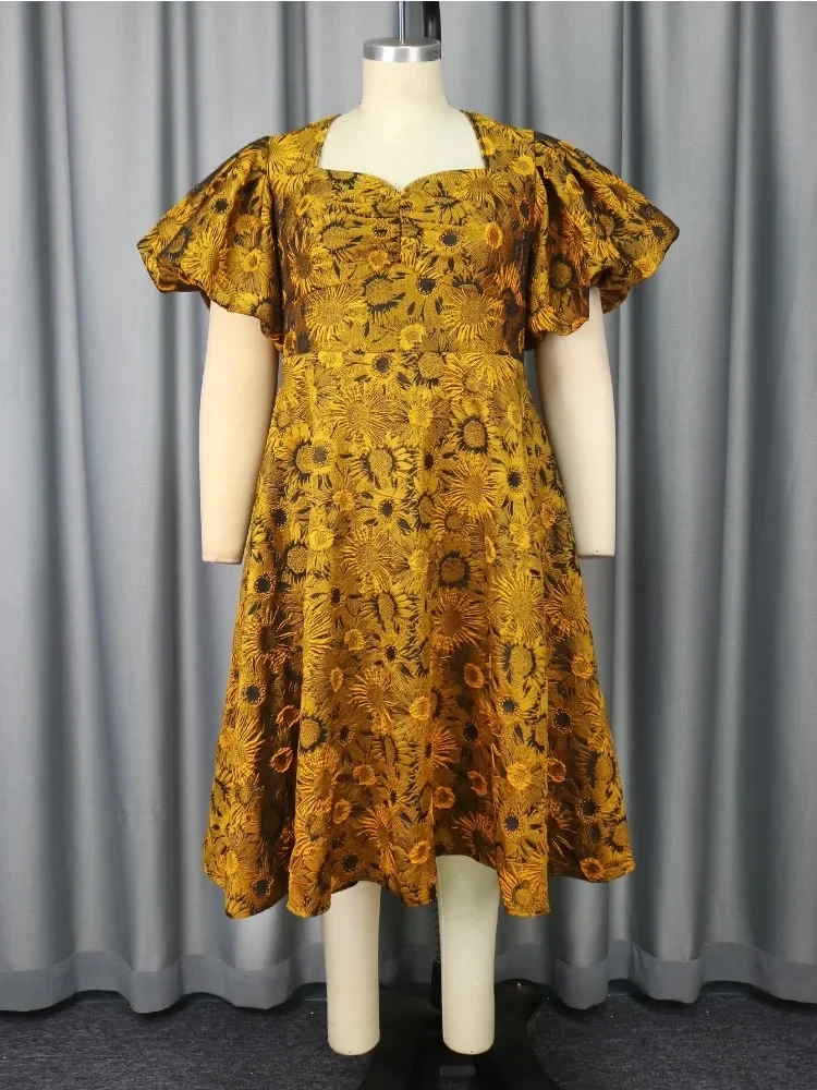 Floral Jacquard Plus Size Dress with Puff Sleeve and Sweetheart Neck Perfect for Weddings Dinner Party and Elegant Daytime Event