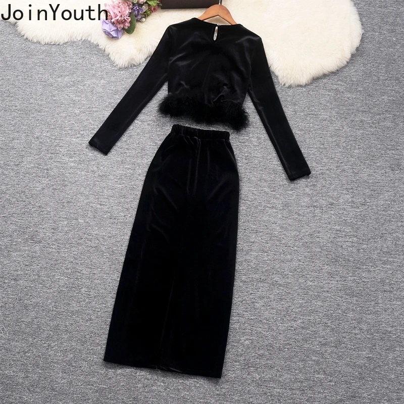 Velvet 2 Piece Sets Women's Clothing Tunic Crop Tops High Waist Bodycon Skirt Suit Roupas Femme Vintage Korean Fashion Outfits