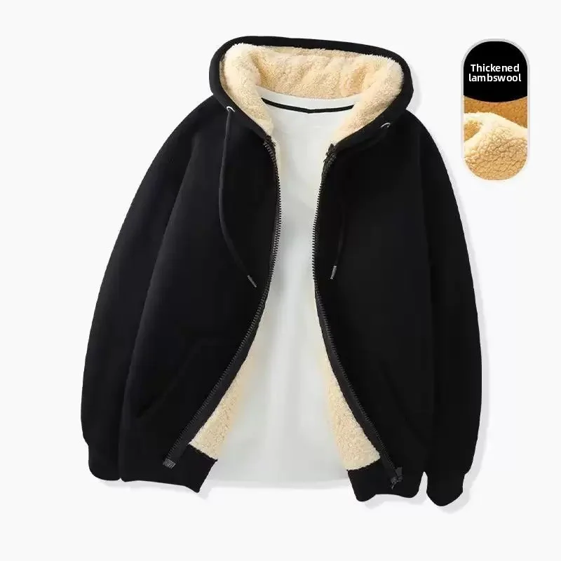 Herbst und Winter Sherpa-Jacke, schweres Samt, verdicktes Herren-Sweatshirt, einfarbige Oberteile, Teenager, Strickjacke mit Kapuze, Herren – Detail 5