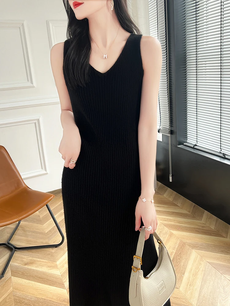 

New Women Cashmere Sweater Dress V-Neck Slim Pullover 100% Merino Wool Knitwear Sleeveless Long Dress Korean Popular Clothing