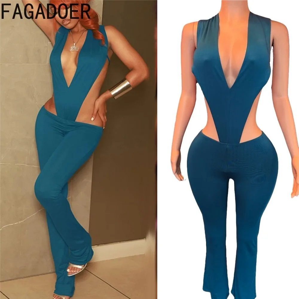 

FAGADOER Sexy Hollow Out Woman 2 Piece Set Outfit Deep V-Neck Backless Bodysuits Top + Pants Matching Female Streetwear 2025 New