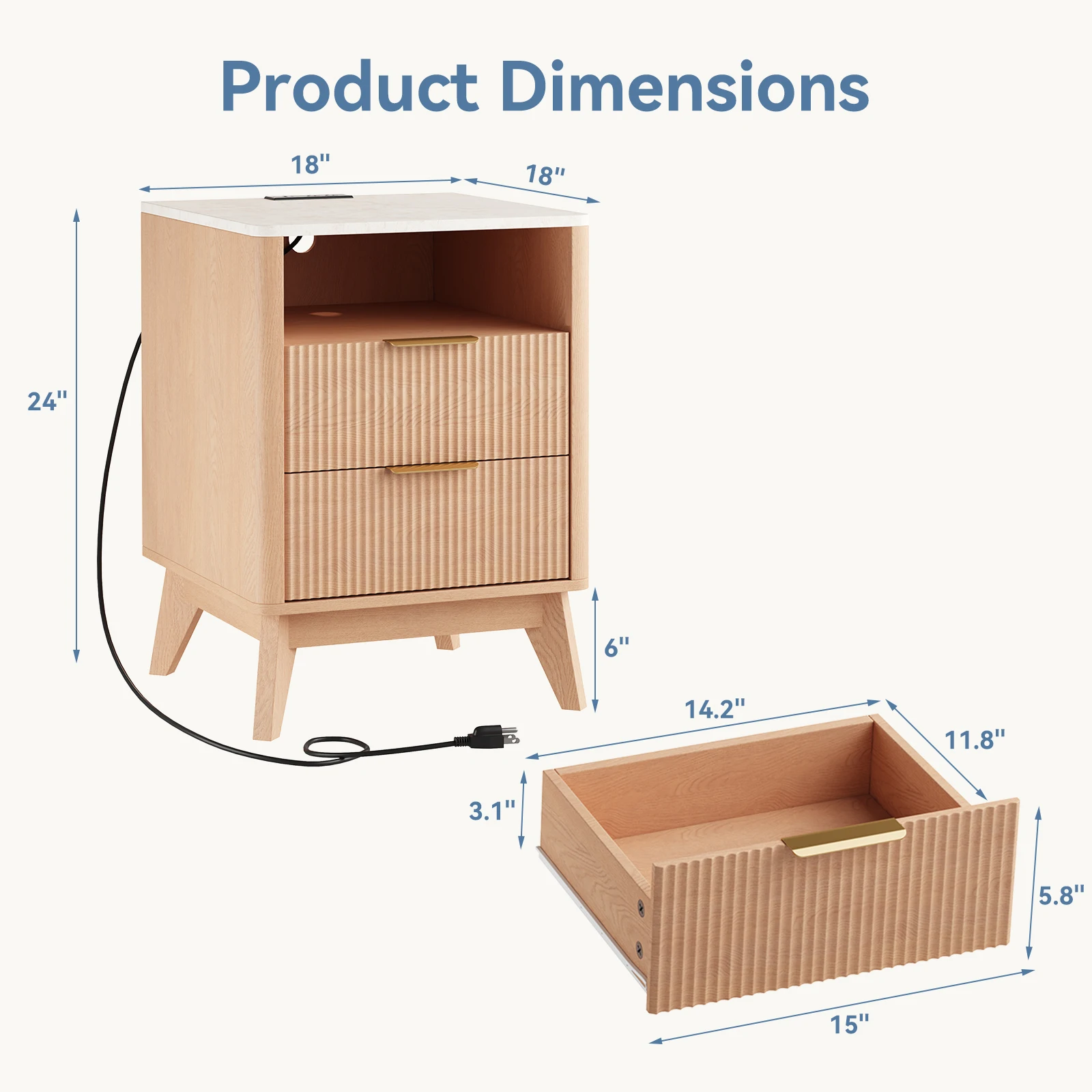 JHK 1/2 Pack 18IN 2 Drawers Wooden Nightstand with Charging Station Bedside Table with with Faux Marble Top Mid-Century Modern Night Stand for Bedroom