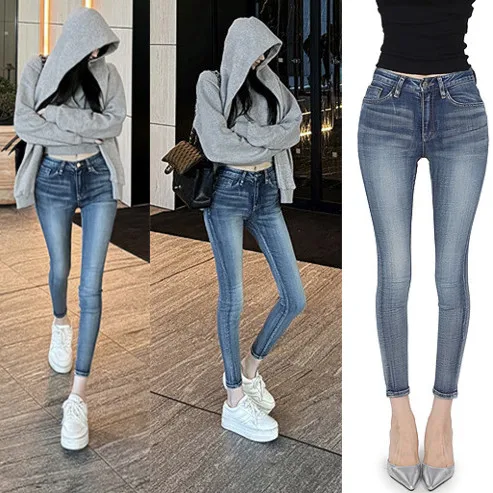 High Waist Cotton Stretch Denim Washed out Slim Fit Pencil Jeans Highlight Body Shape Vintage Style Spring Autumn Blue