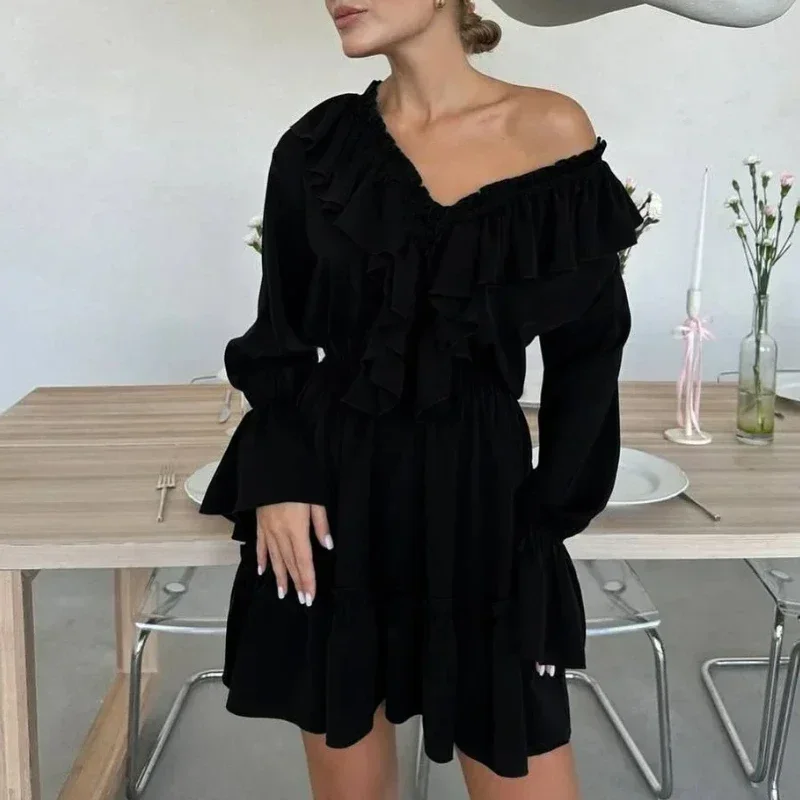 Robe française plissée à col en V pour femmes, manches cloche, robes trapèze, mini robe à volants doux, Streetwear, nouveau