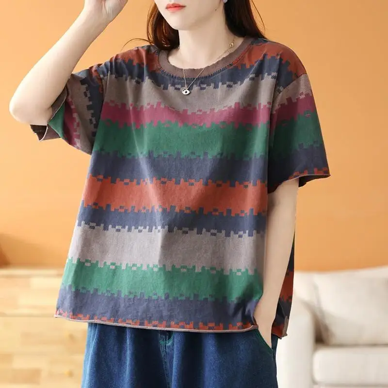 Plus Size Striped Loose T Shirts Summer Short Sleeve Contrast Print All-match Street Casual Tops Vintage Fashion Women Clothing