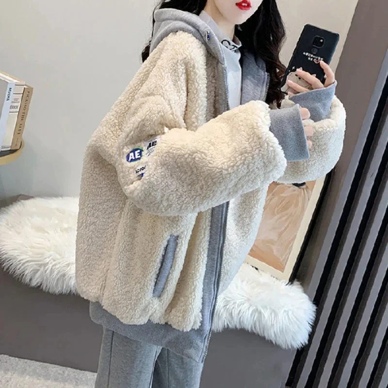 Fashion Imitation Lamb Wool Zipper Coat Woman Hoodie Y2k Clothes Sweatshirt Streetwear Korean Version Autumn Winter Loose Jacket