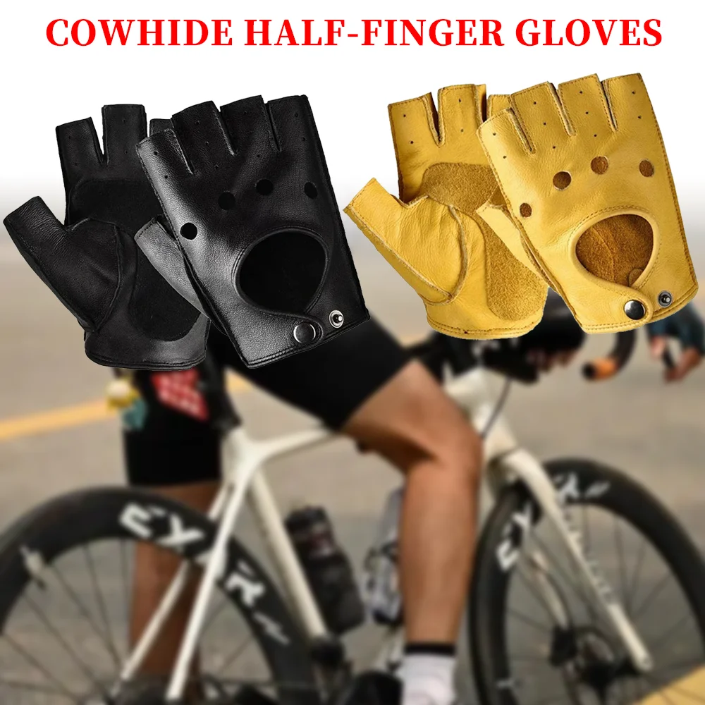

Anti-slip Sports Work Gloves Cowhide Riding Fitness Gloves Reverse Stitched Genuine Leather Half Finger Motorcycle Gloves
