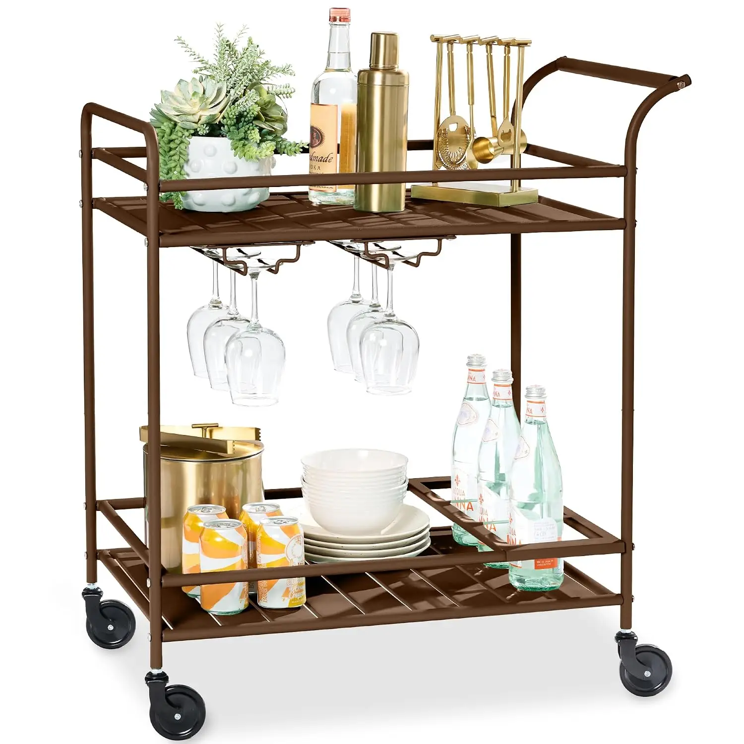 Rolling Bar Cart, Mobile Home Bar Serving Cart, Serving Station w/ 2 Tier Shelves, Wine Rack, Lockable Wheels - Brown