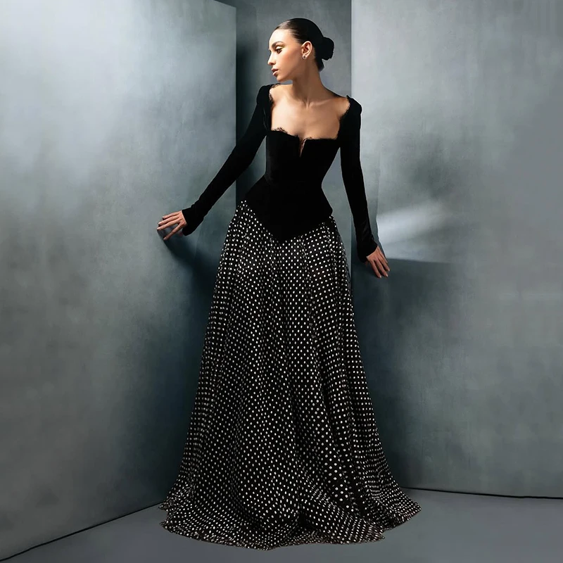 Thinyfull Black A-Line Prom Evening Dresses Saudi Arabia Long Sleeve Point Dot Party Dress Night Cocktail Prom Gowns Customized