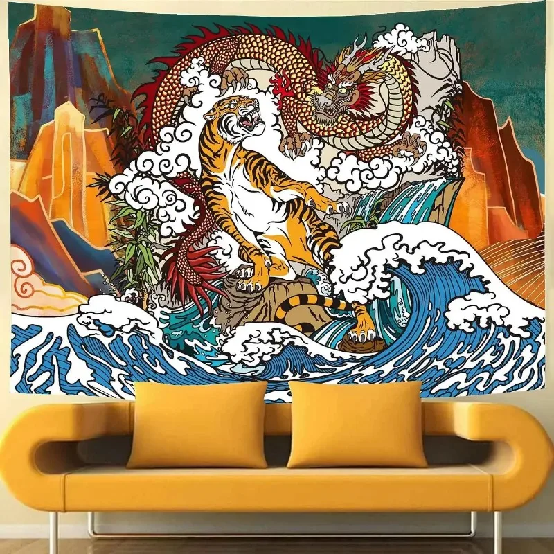 Japanese Ukiyo-e Tapestry Dragons and Tigers Frolic Among Mountain Waterfall Rocks and Bamboos Tapestry, Flannel Art