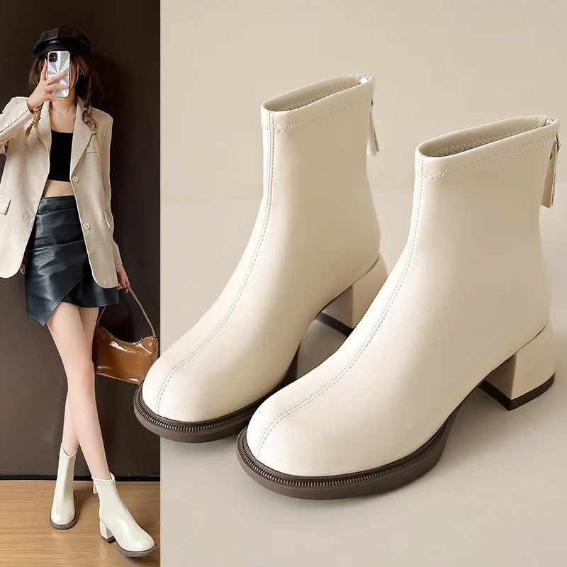 

Women's Rubber Boots Shoes Luxury Designer Back Zip Zipper Round Toe Boots-Women Chelsea Rain Fashion High Heel Ladies Rock Ankl