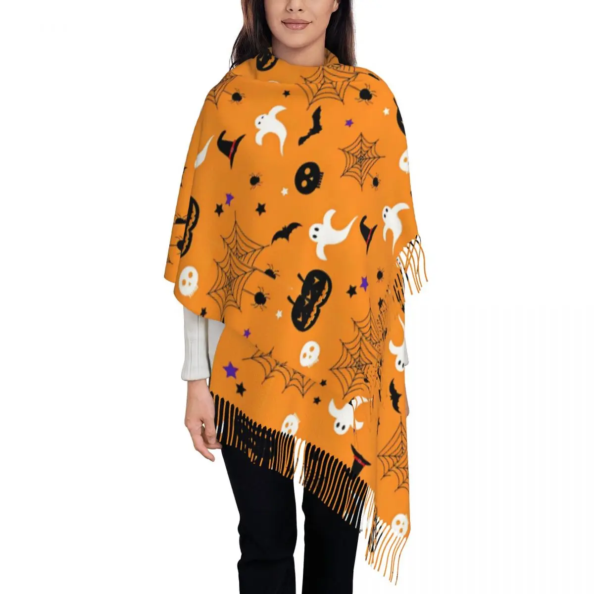 Womens Tassel Scarf Halloween Pumpkins Ghosts Large Winter Fall Shawl Wrap Trick or Treat Kawaii Daily Wear Pashmina Scarves