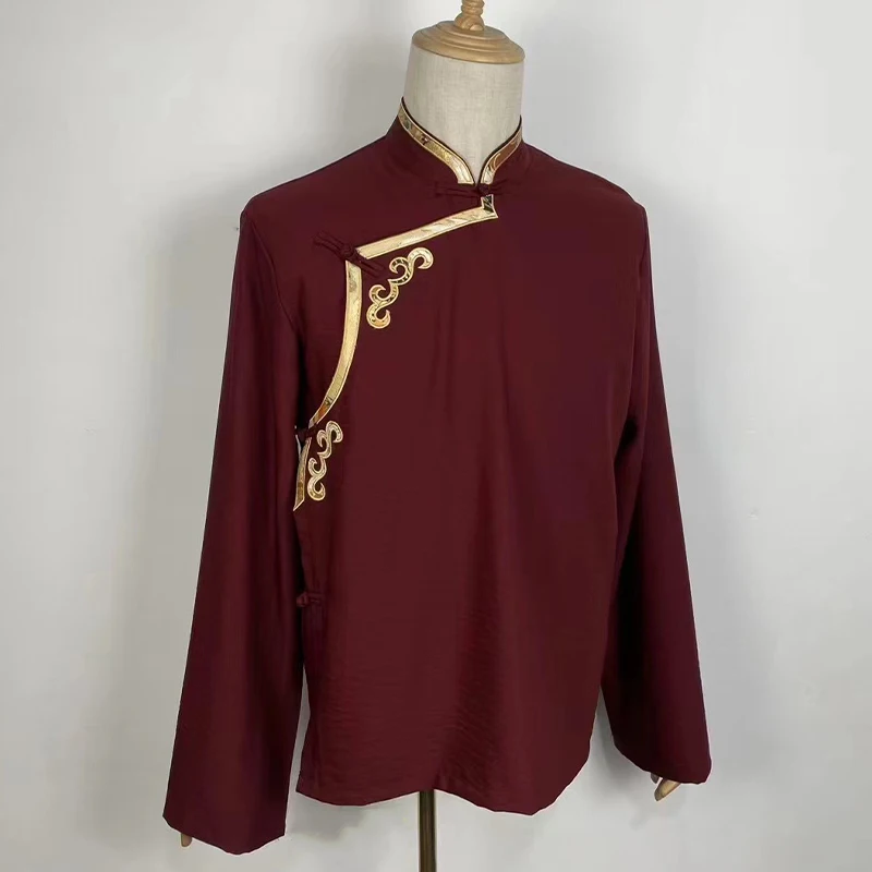 Ropa tibetana bordada para hombre, camisa de lino y algodón, abrigo étnico de la región de la meseta del Tíbet Qinghai, ropa superior de rendimiento Guozhuang