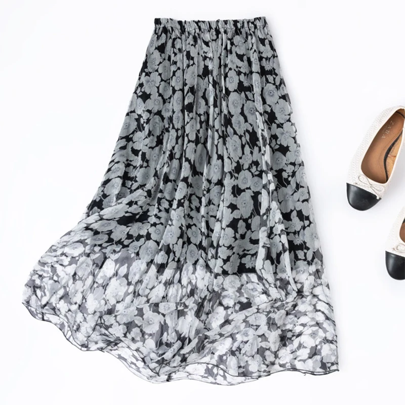 

Women Silk Skirt 100% Mulberry Silk Black Floral Printed Long Type Maxi Skirt With Silk Lining Summer Beach Big Hem M1522