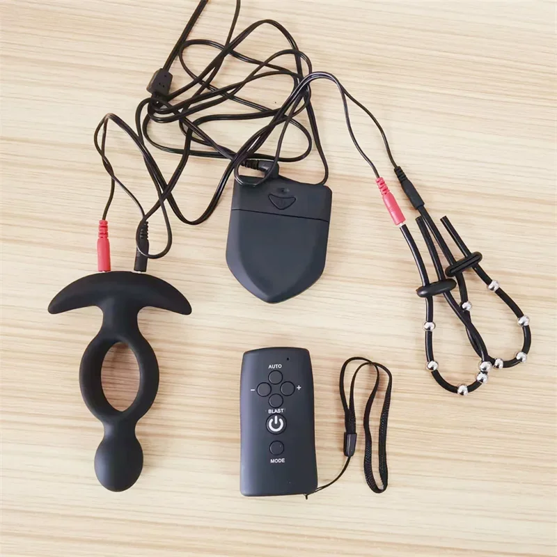 Silicone Penis Cock Rings Hollow Anal Beads Butt Plug Remote Control 6 Modes Electric Shock Sex Toys for Men Gay Testis Massage