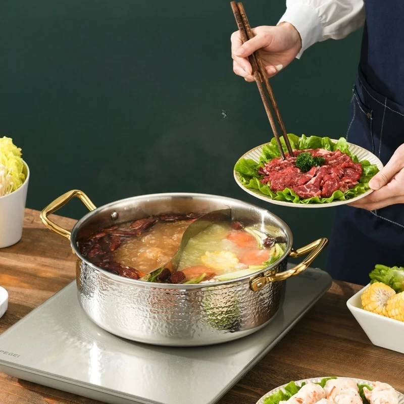 CX three-layer steel mandarin duck hot pot hammer pattern induction cooker thickened clear soup shabu household large capacity