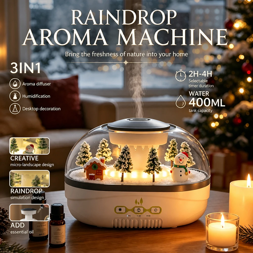 400ml Raindrop Humidifier, 2H/4H Timer, Warm Light, Essential Oil Diffuser, Quiet Cool Mist, Christmas Desktop Decor for Home