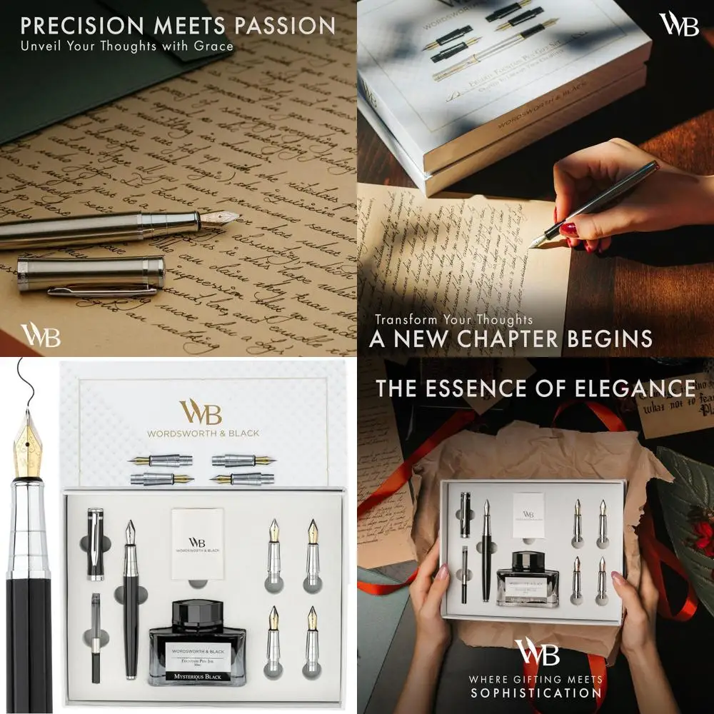 

Elegant Fountain Pen Set with Ink Bottle, 6 Cartridges, Converter, 4 Nibs for Smooth Writing and Calligraphy in Black Chrome