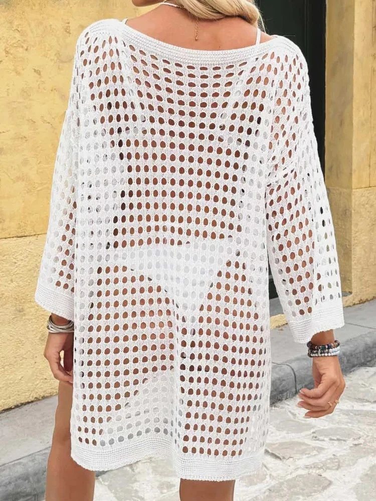 Sexy Frauen Solide O Neck Cove Up Langarm Hohl Dame Strand Kleid Weibliche Lose Brasilianische Badeanzug Abdeckung-Ups