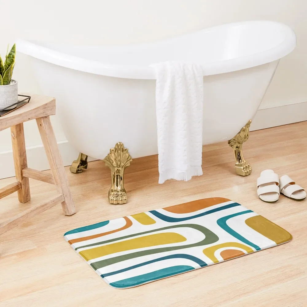 

Palm Springs Retro Midcentury Modern Abstract Pattern in Moroccan Teal, Mustard, Orange, Olive and White Bath Mat
