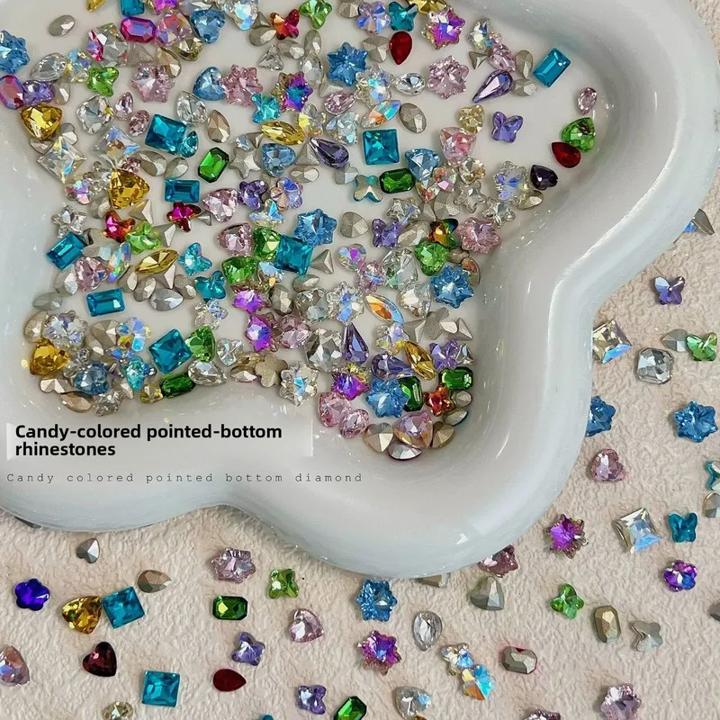 LYLE 50/00Pcs Candy Colorful Pointed Back Nail Rhinestones Heart Irregular Gems Nail Art Charms Wearable Decor Bulk Set Gift