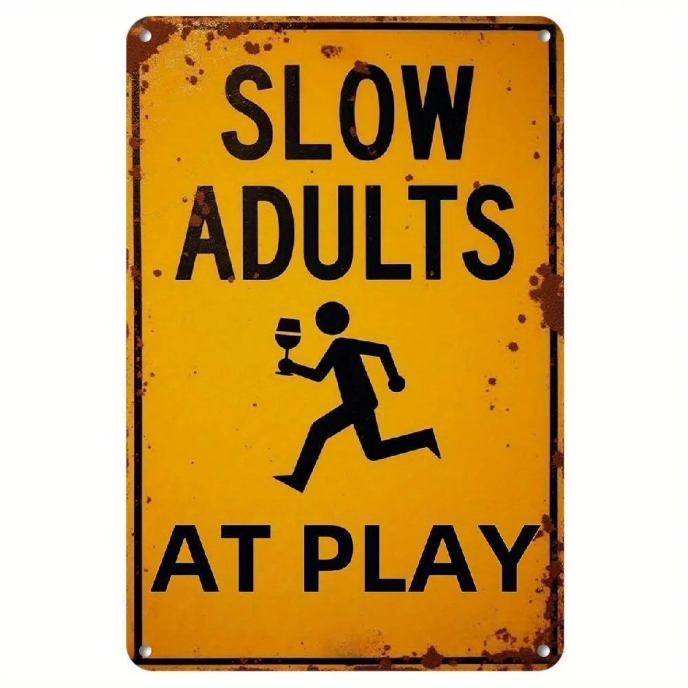 2D Metal Sign Slow Down Adults Priority Running Figure Rustic Yellow 8x12 Inch Iron Wall Decor for Backyard Playground Recrea