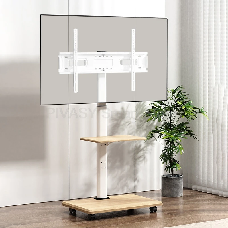 رف تلفزيون متنقل قائم على الأرض، حامل فني من الخشب الصلب باللون الأبيض، ارتفاع عالمي قابل للتعديل مع رف ديكور منزلي جمالي، حامل تلفاز