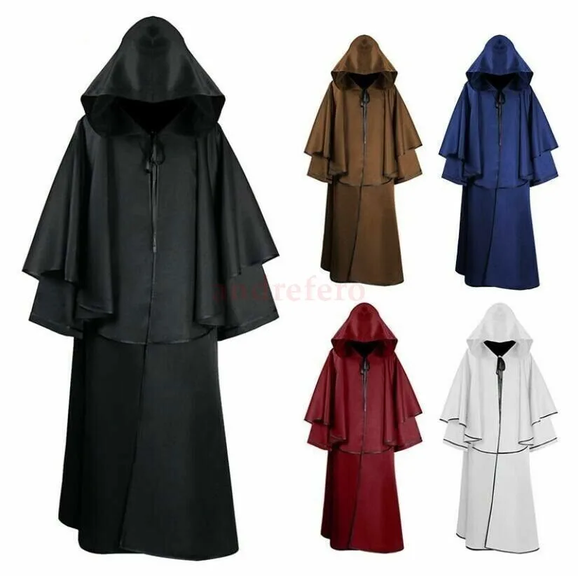 Long Robe Cloak Cosplay Costume Poncho Coat Halloween Monk Mens Hooded