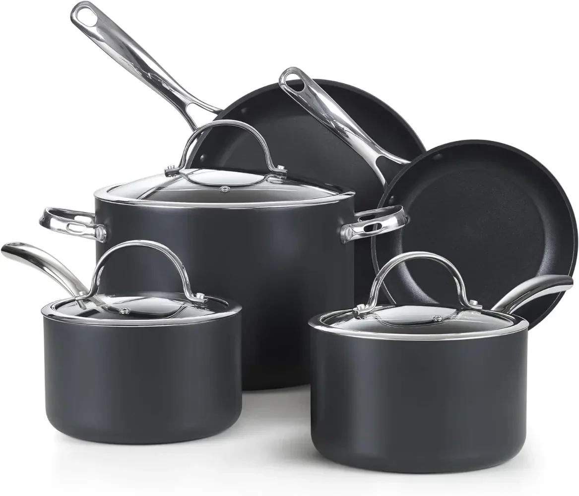 

8-Piece Nonstick Hard Anodized Cookware Set, Pots and Pans Set Includes Saucepans, Stockpot, Frying Pans, Lids, Black