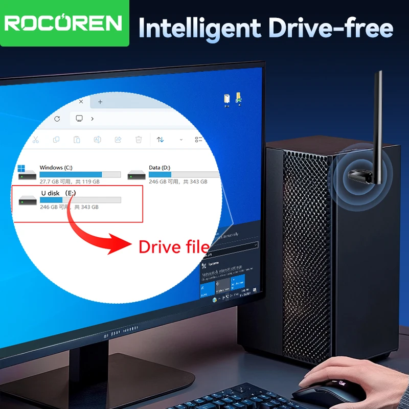 Rocoren WIFI 6 USB Adapter AX300M Network Card Dongle 2.4GHz External Antenna Signal Reception For Laptop Windows Driver Free