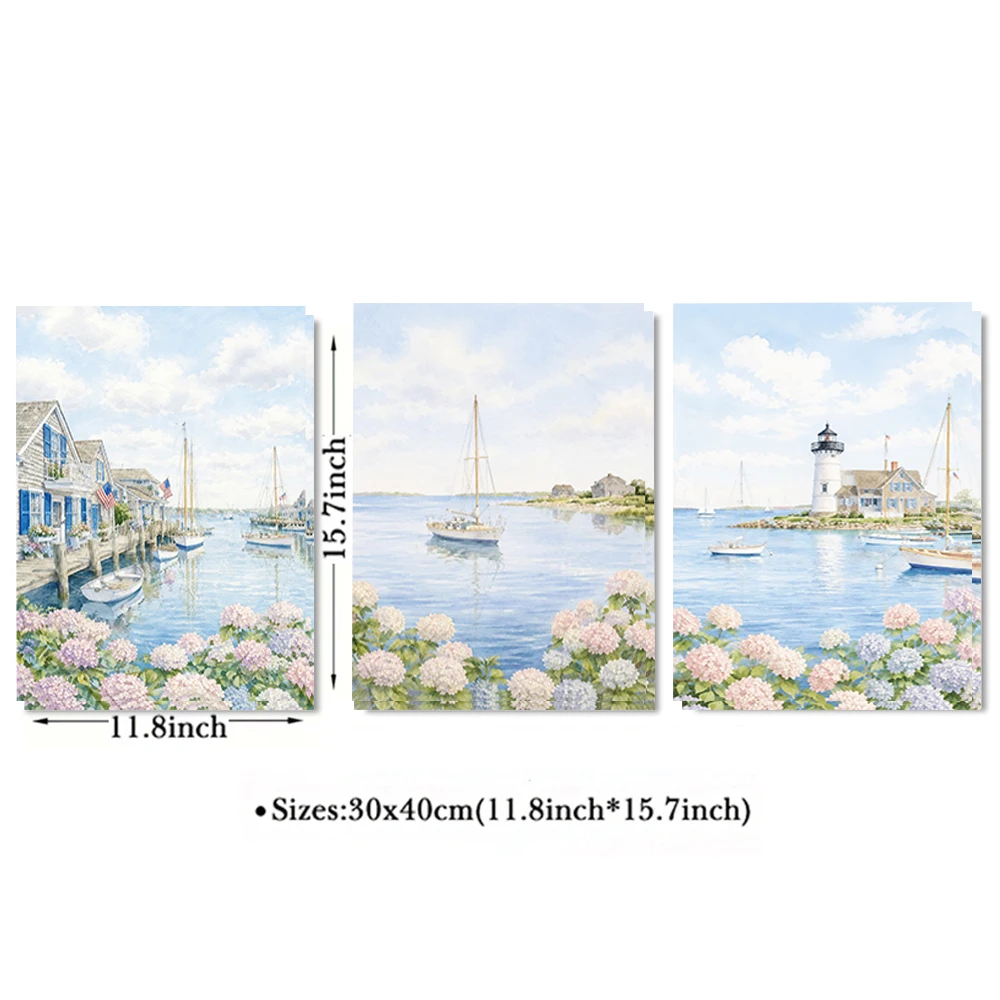 Set of 3 Coastal Harbor Lighthouse Canvas Wall Art Soft Blue Ocean Sailboat Hydrangea Seaside Painting Home Decor