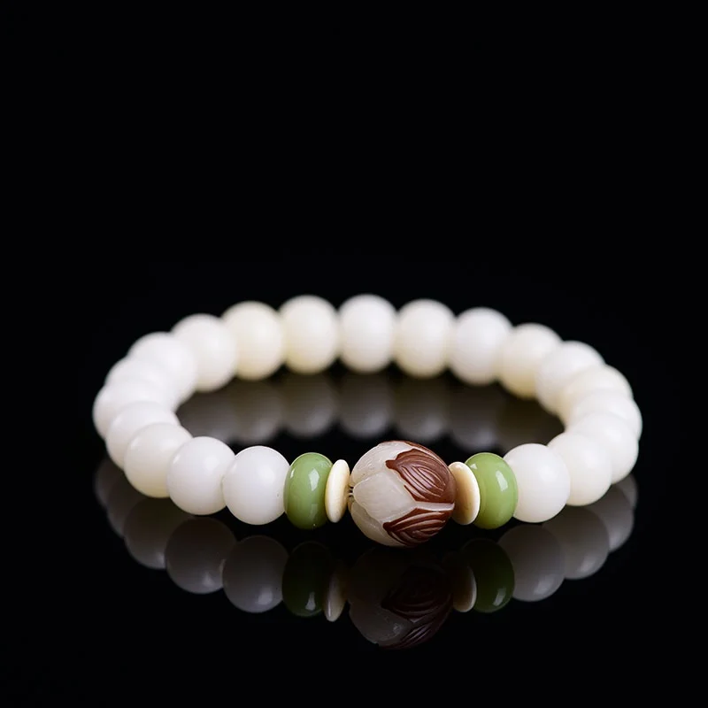 Natural White Bodhi Lotus Root Ivory Nut Buddha Bracelet Natural Crystal