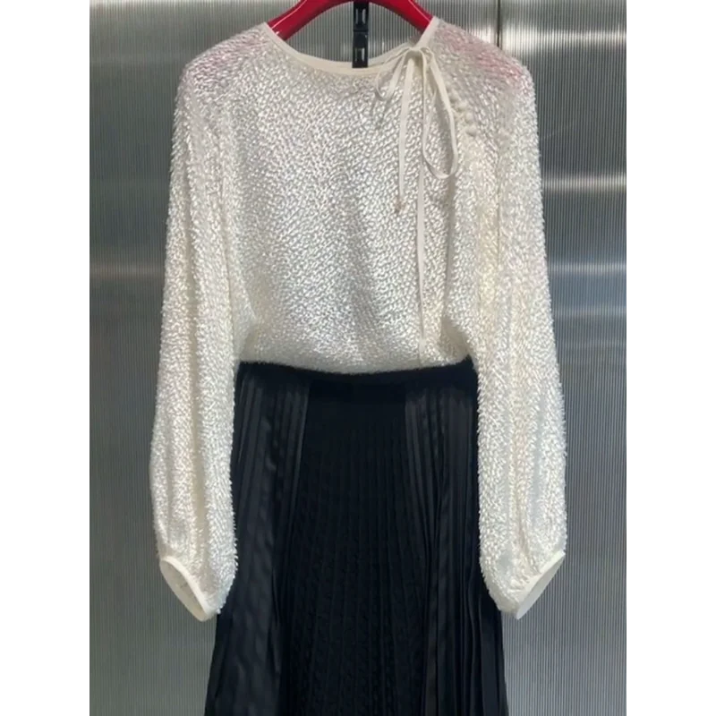 

Весенние французские шикарные топы для женщин, новые однотонные модные рубашки с длинными рукавами и круглым вырезом