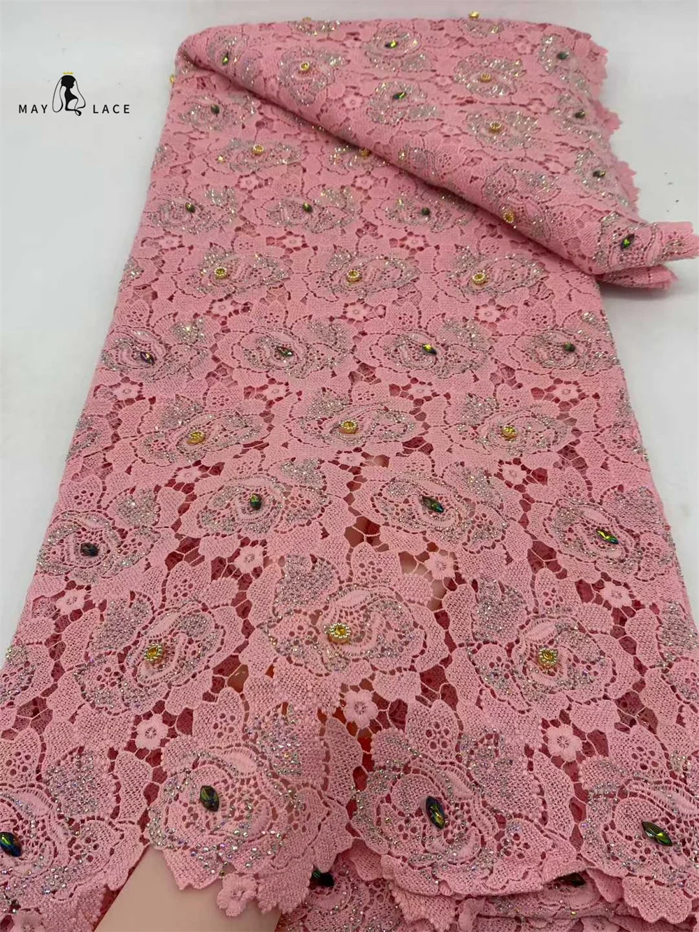 Latest Cord Guipure Lace Fabric Crystals African Stones Lace Fabric 2025 High Quality Nigerian Water Soluble Material for Dress