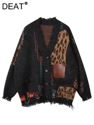 DEAT damski sweter luźne zadziory krawędzie luźny Patchwork Leopard dzianinowe złamane dziury swetry 2025 nowa moda wiosna 11A01353