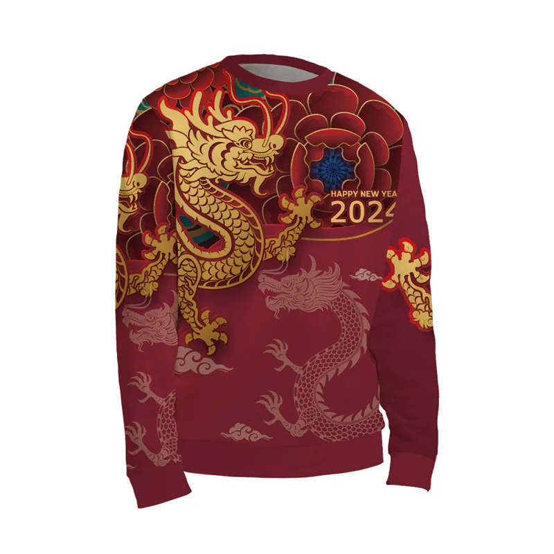 2024 New Year Dragon Graphic Sweatshirts Ethnic Chinese Clothes Red Hip Hop 3D Printed Men Tracksuit Harajuku Y2k Kid Pullovers