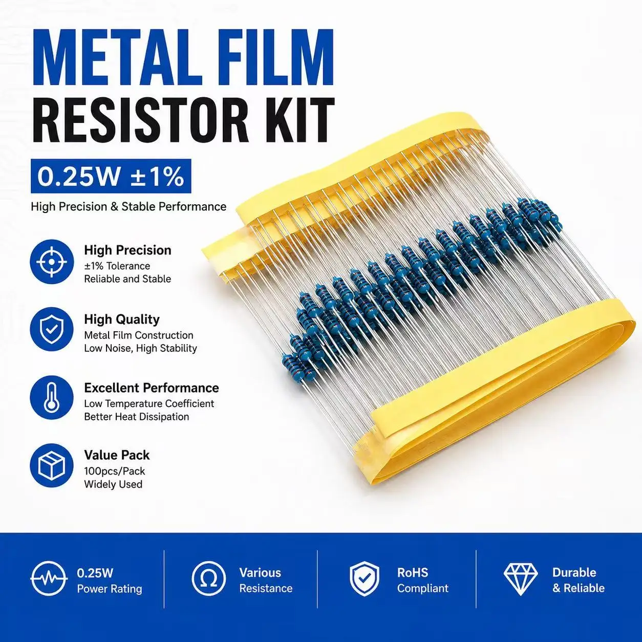100 Uds., 0,25 W 0R-22M 1% resistencia de película metálica 1/4W 0 2,2 10 100 150 220 270 330 470 1K 2,2K 4,7K 10K 47K 100K 470K 1M 10M 20M ohmios