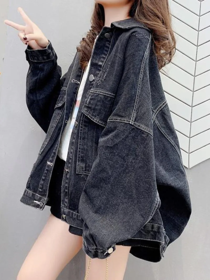 Giacca di Jeans donna nero blu giacca di Jeans versione coreana primavera autunno Jeans cappotto Casual Harajuku Streetwear donna Vintage