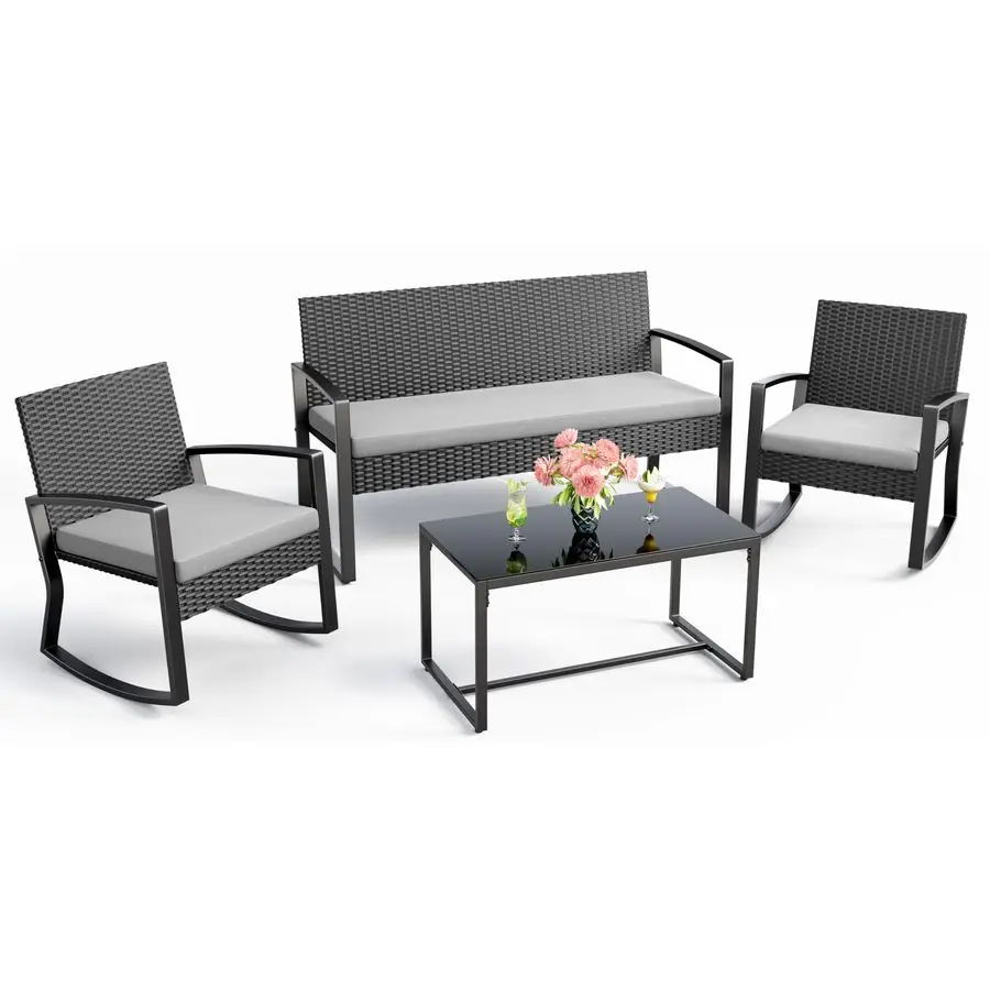 4 Piece Outdoor Patio Furniture Set, Wicker Patio Furniture with Glass Coffee Table, Rocking Wicker Bistro Set, for Backyard, Po